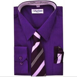 Berlioni Long Sleeve Dress Shirt & Tie Purple 14 EUC